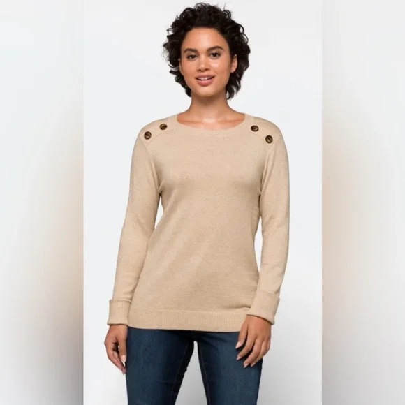 PINK CLOVER Carson Crew Neck Beige Button-Shoulder Sweater - Size Large - Picture 1 of 2
